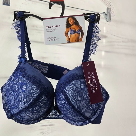 Adore Me Woman’s Blue Vivian Lace Mesh Push Up Underwire Bra – Size 38C NWT - Picture 14 of 15